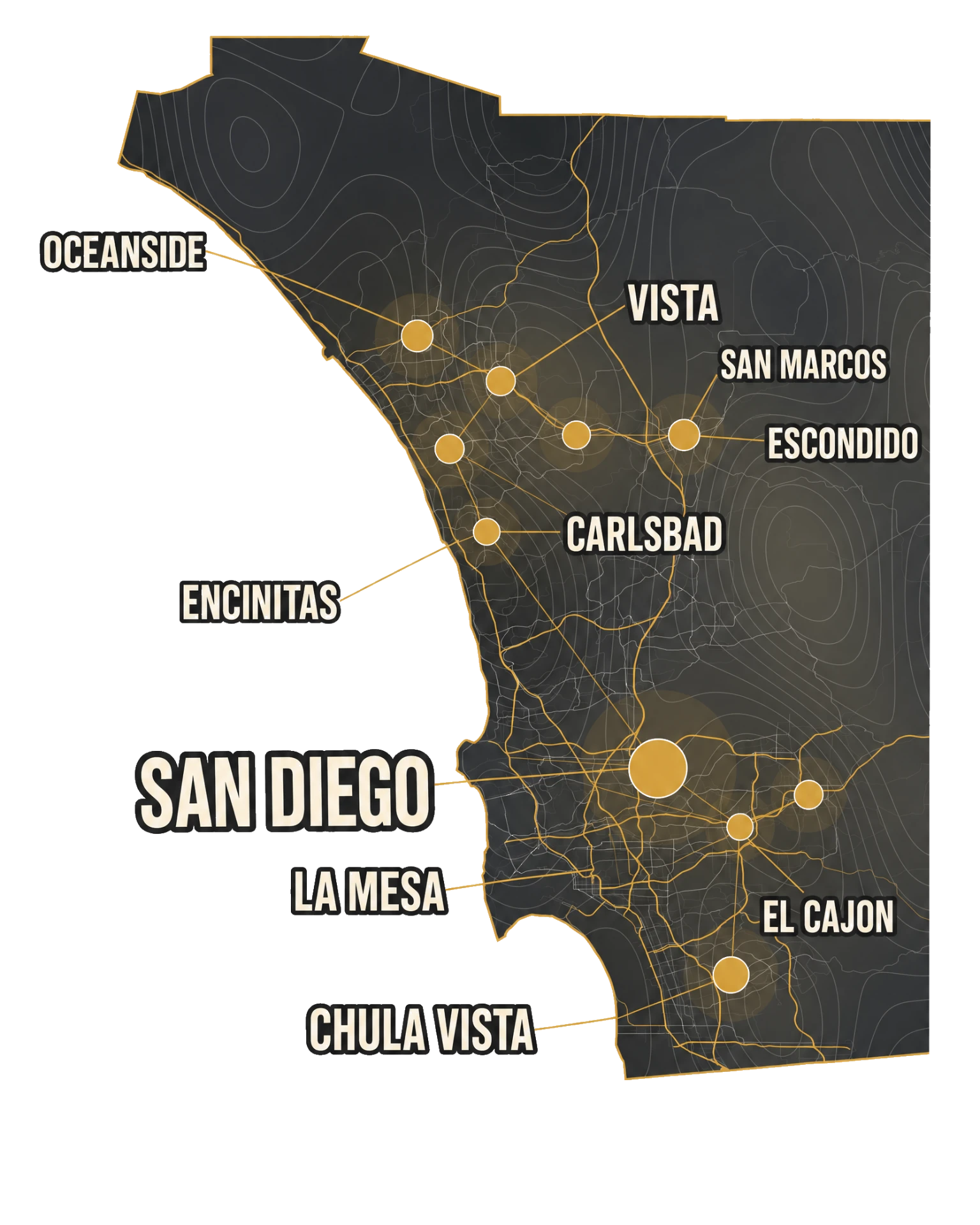 Map of San Diego County highlighting the Impact Home Builders backyard remodeling service area