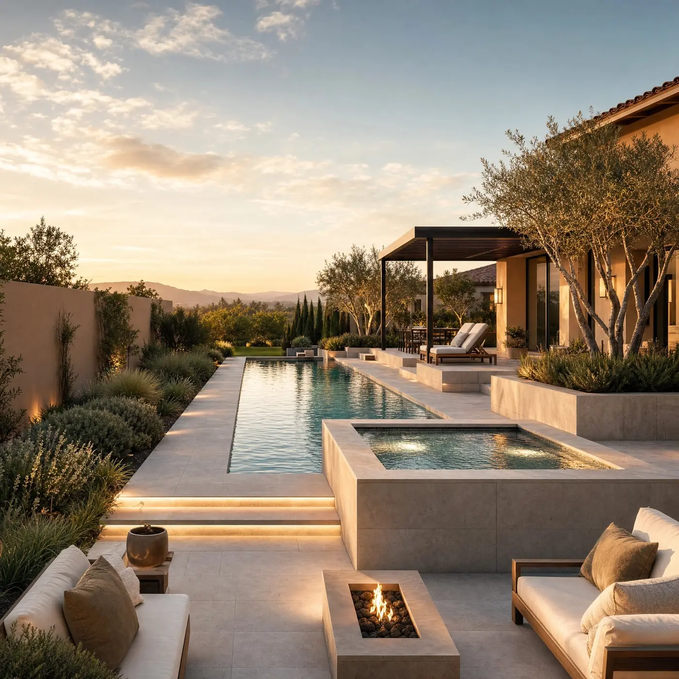 Illustrative complete backyard concept with a pool, spa, fire feature, pergola and landscape