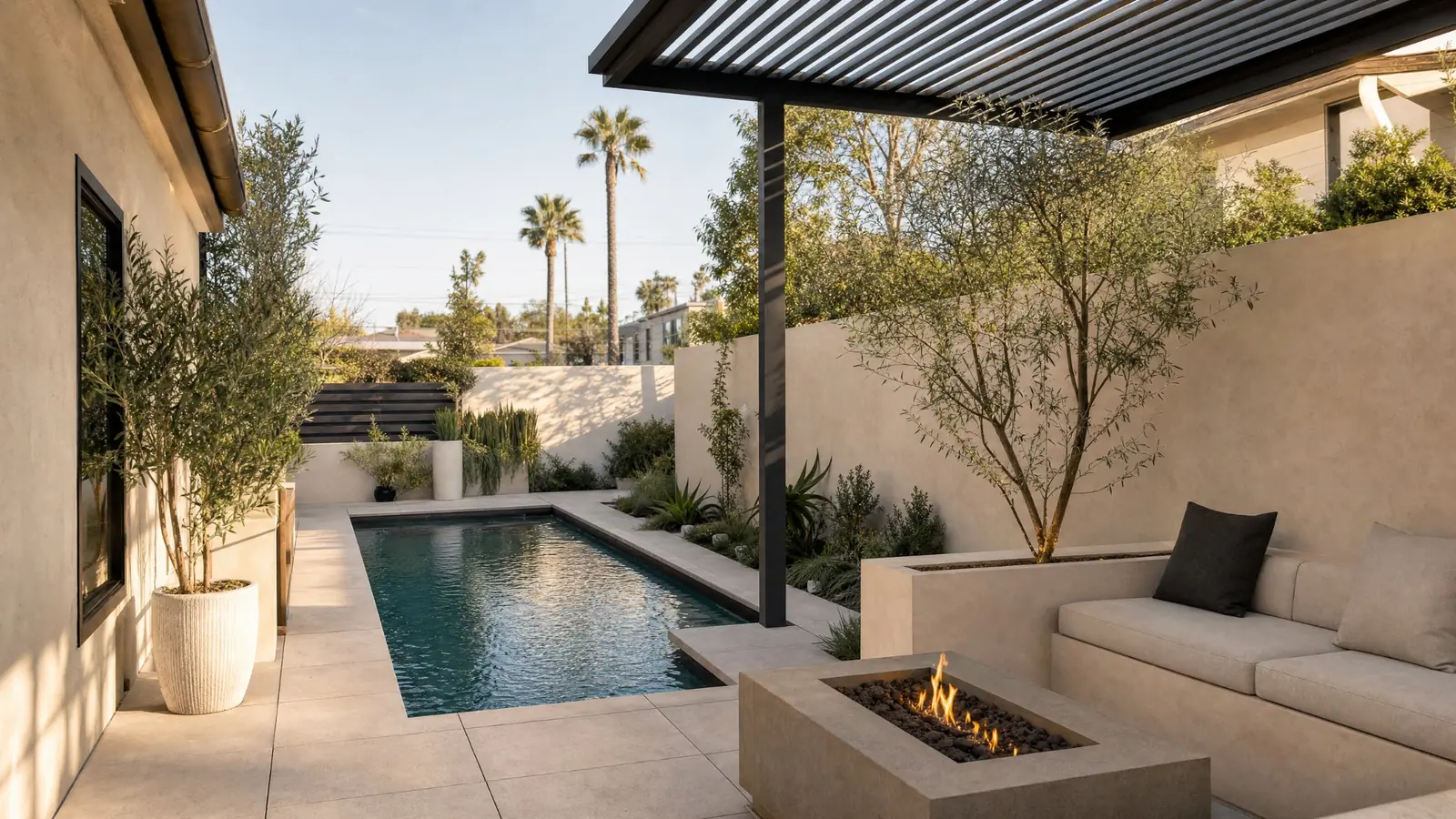 Illustrative compact courtyard concept with a pergola, plunge pool and fire feature