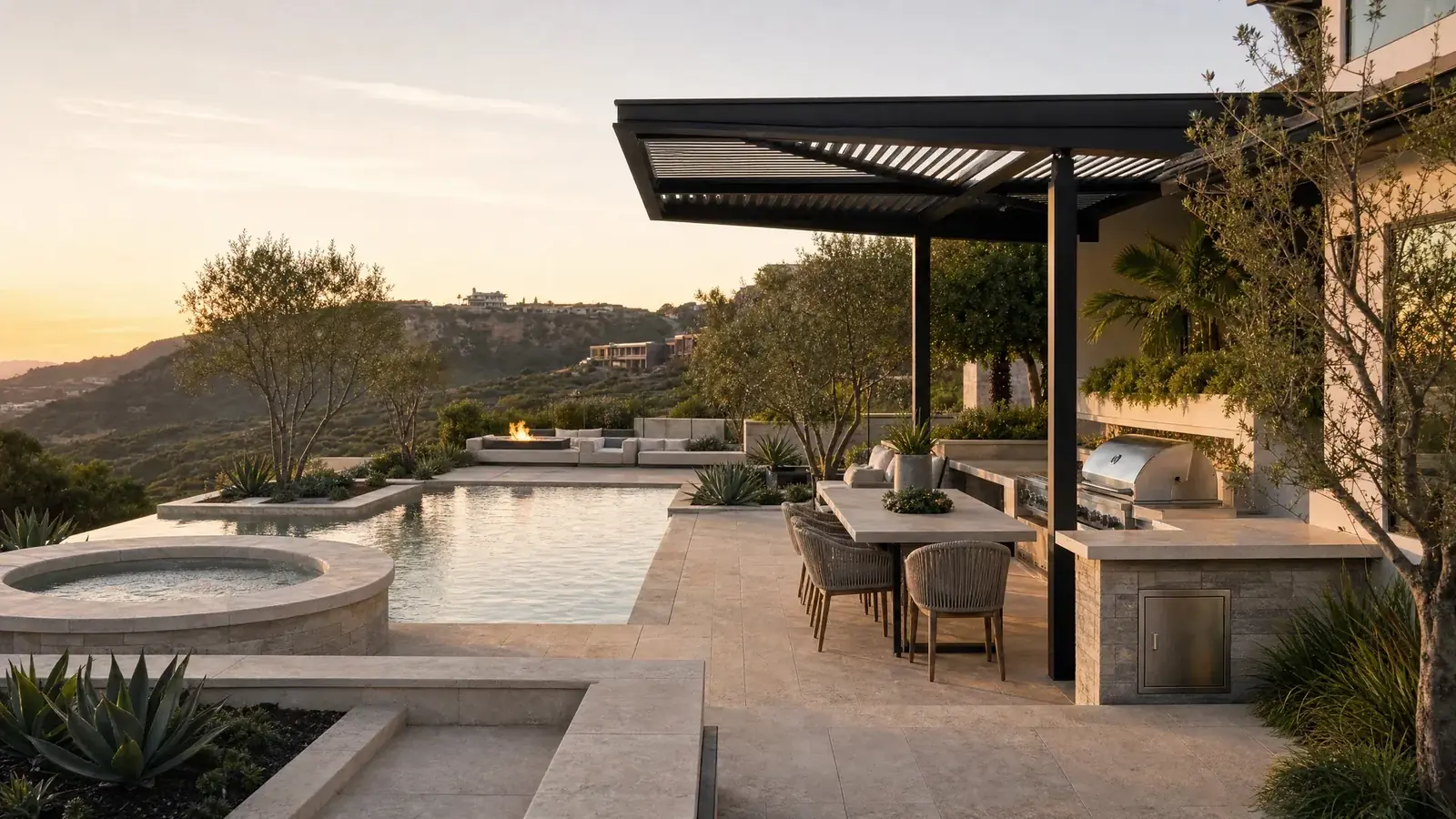 Illustrative hillside backyard concept with a pool, spa, pergola and outdoor kitchen