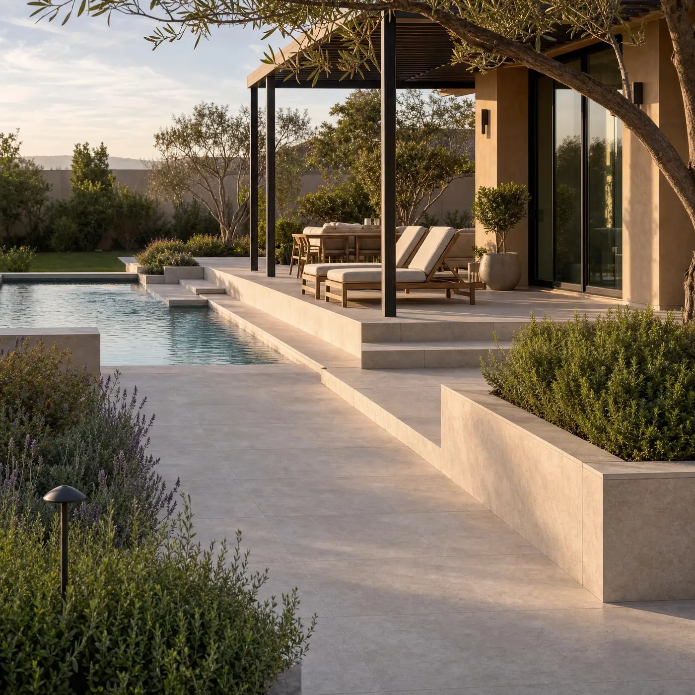 Illustrative hardscape concept connecting a pool, pergola, steps and planted areas