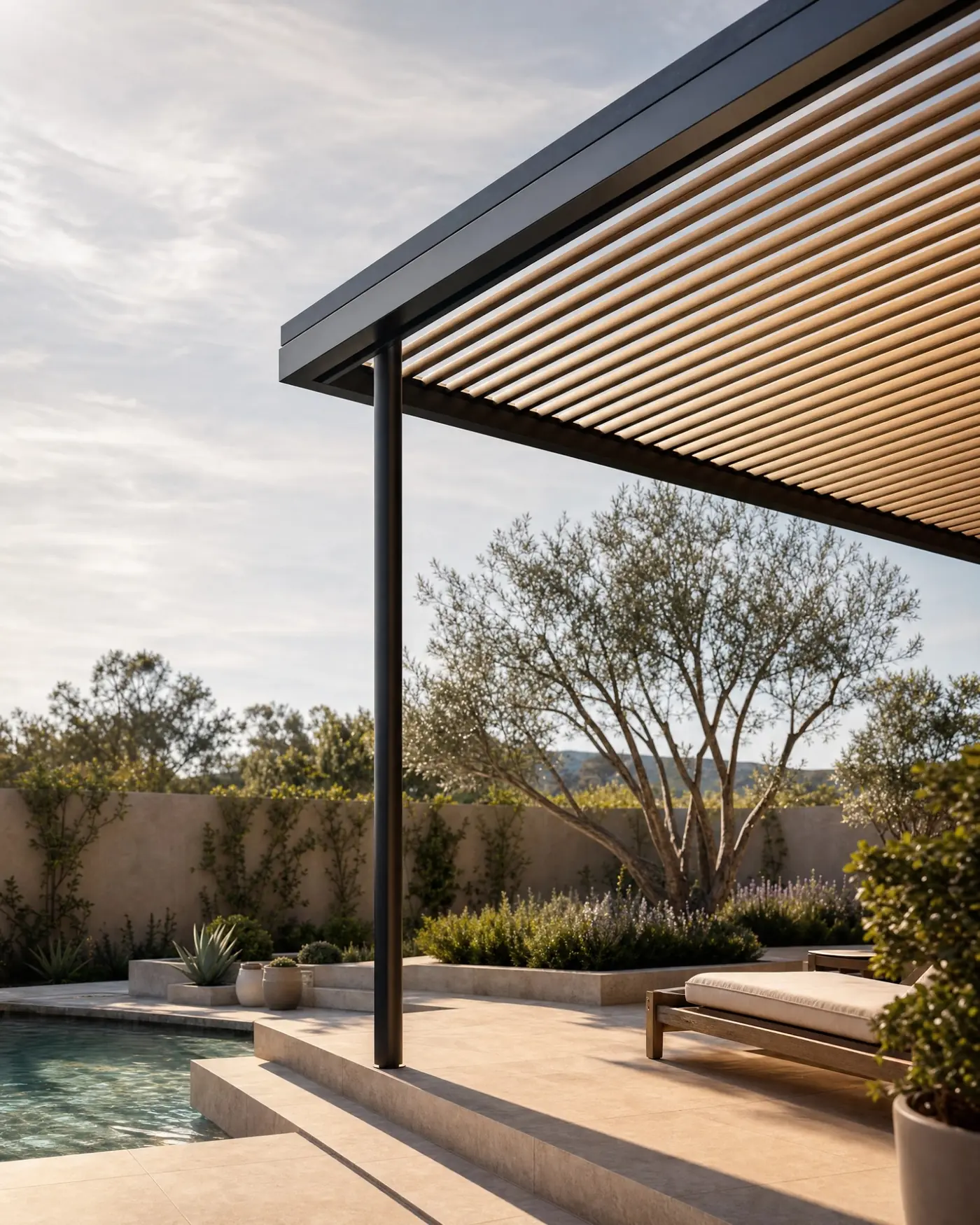 Illustrative backyard concept featuring a modern louvered pergola beside a pool