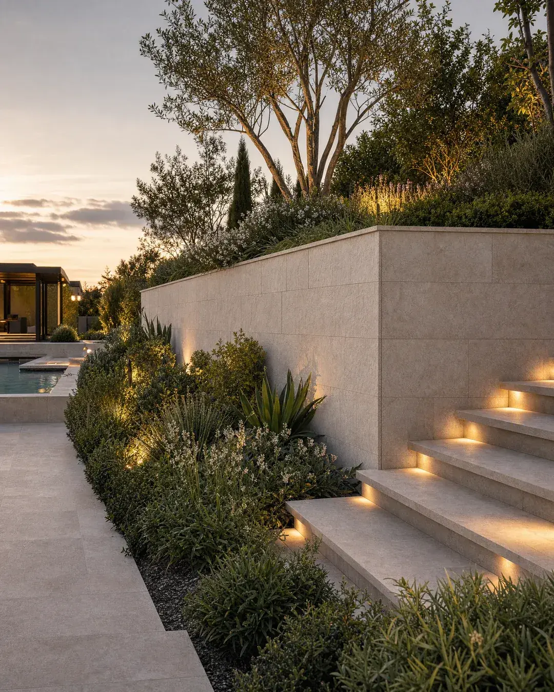 Illustrative retaining-wall concept with integrated planting, steps and landscape lighting