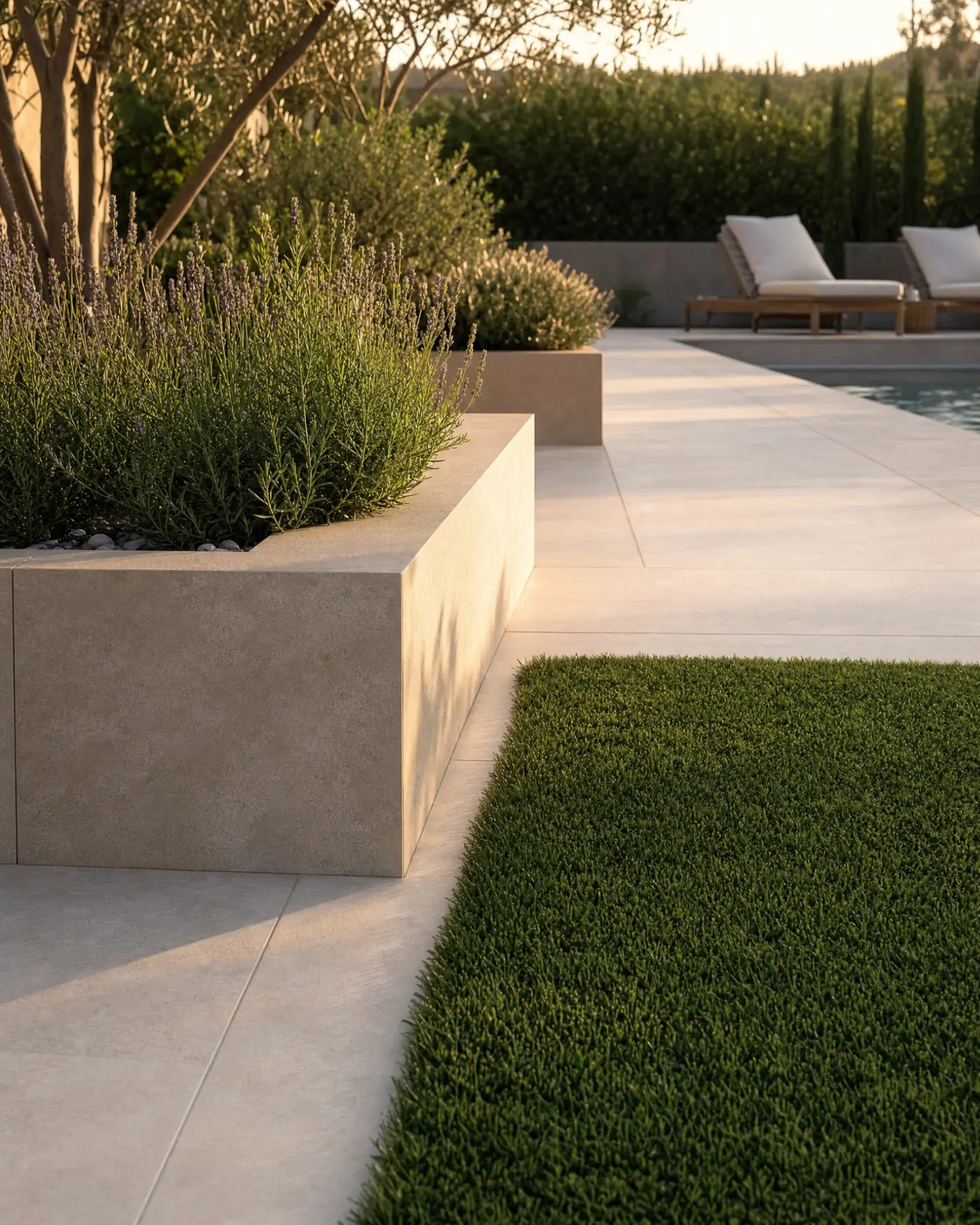 Illustrative landscape concept showing artificial turf, integrated planters and poolside paving