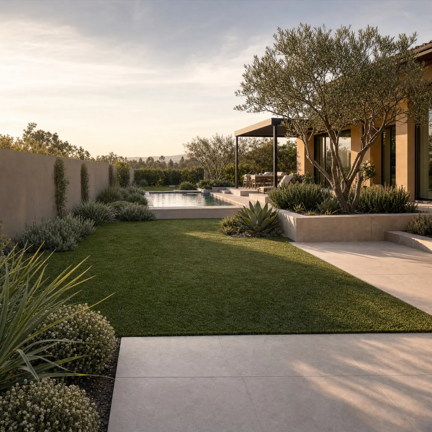 Illustrative backyard landscape concept with turf, planting, paving and a pool