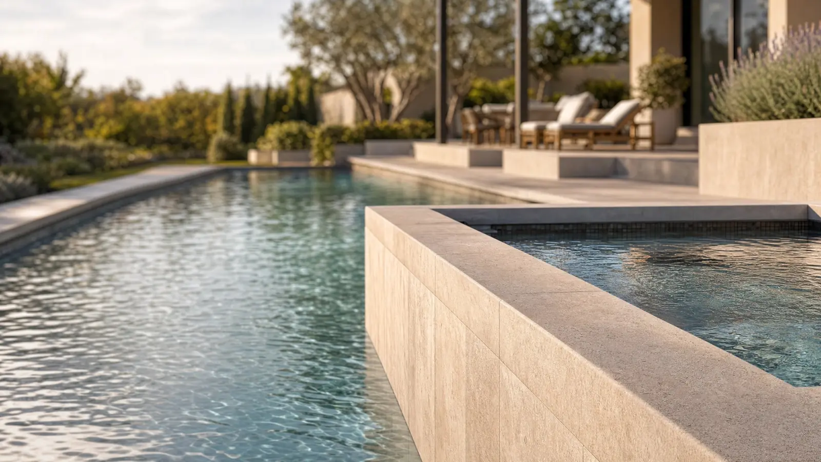 Illustrative backyard concept showing a pool and raised spa with coordinated stone finishes