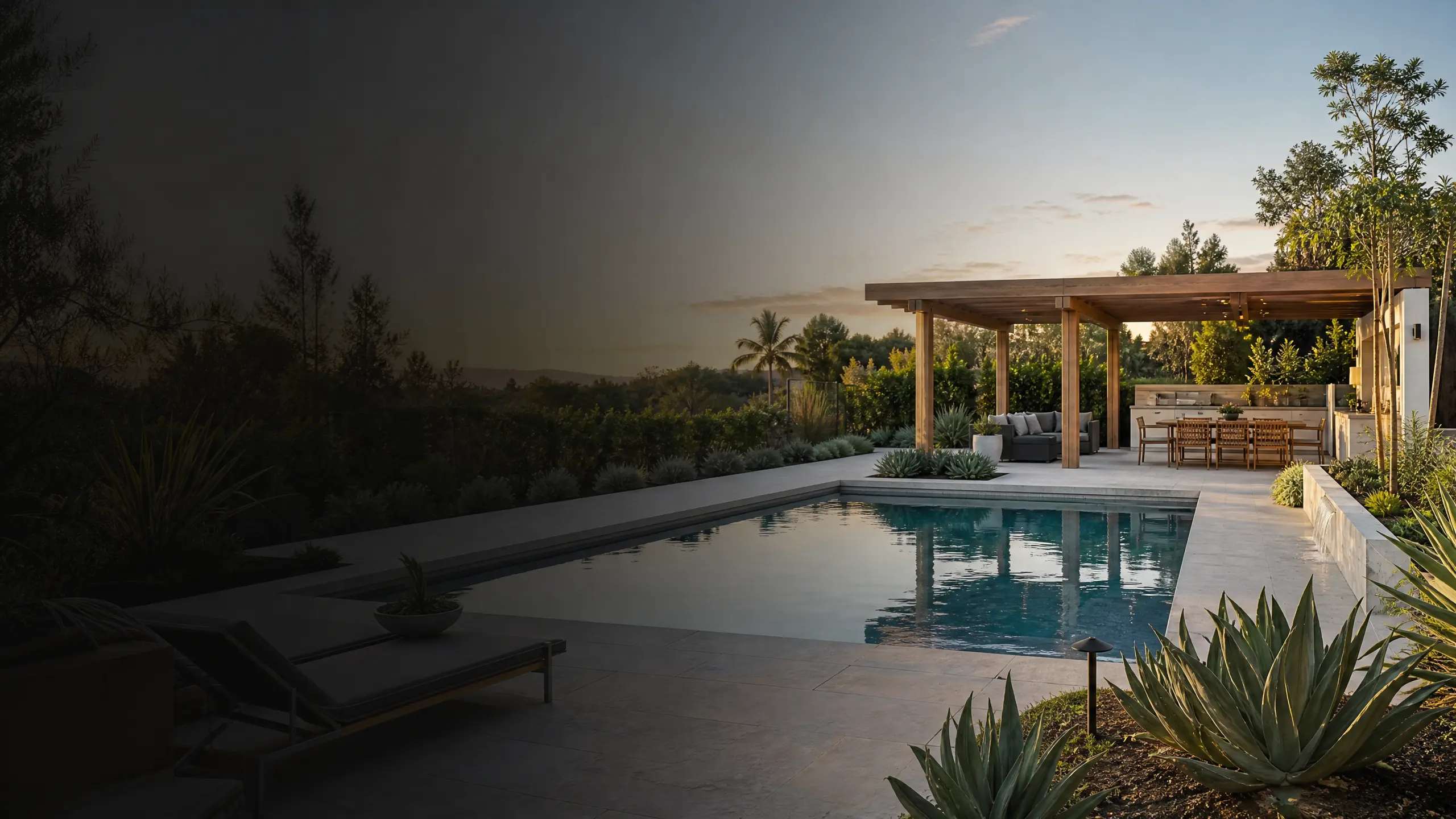 Illustrative complete backyard with a pool, pergola, outdoor kitchen and coordinated landscaping